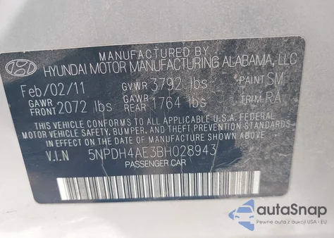 2011 Hyundai Elantra Gls from USA, damaged, VIN 5NPDH4AE3BH028943
